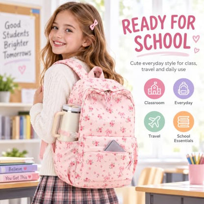LOIDOU Girls Backpack for Kids Cute School Bookbag - color: Flower Bow, size: L-17"