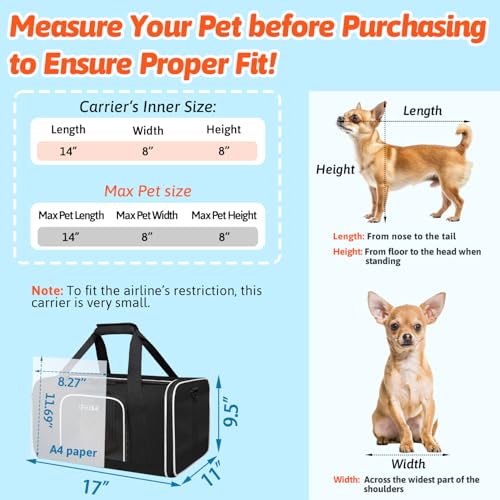 Petskd Small Pet Carrier with Wheels (17" L x 11" W x 9.5" H), Alaska Airlines Approved, Rolling Pet Carrier for Small Dogs & Cats (Black) - color: Black and Wheeled, size: 17.0"L x 11.0"W x 9.5"H