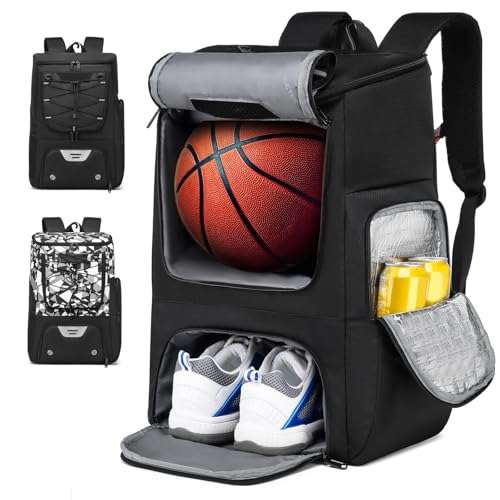 Basketball Backpack, Basketball Bag with Separate Ball Holder & Shoes Compartment Water Resistant Sports Bag Basketball Equipment Bags Fit Volleyball, Soccer, Swim, Gym, Travel, Black - color: Black