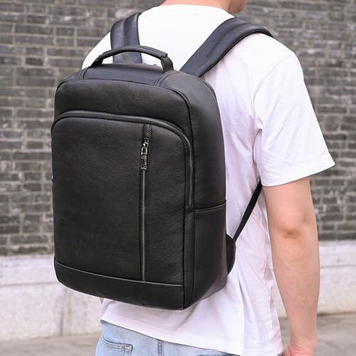 Genuine Leather 15.6 Inch Laptop Backpack for Men, Multi Pocket Slim Daypack Shoulder Bag with Trolley Sleeve for Business Travel (Black) - color: Y80&28y Black