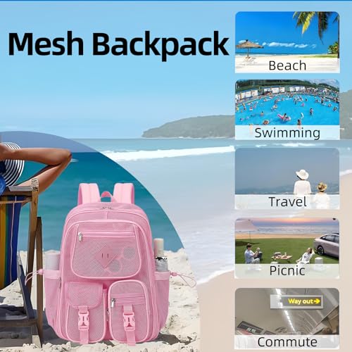 Pink Mesh Backpack for Girls Boys, Mesh Bookbags Heavy Duty Semi-Transparent School Bag for College, Travel, Beach, Swimming, Sports - color: Pink