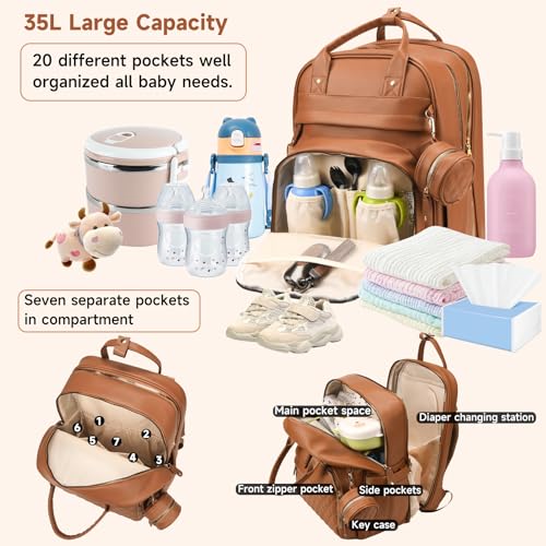 ANWTOTU Leather Baby Diaper Bags with Changing Station,Extra large Capacity Baby Diaper Bag Backpack,Waterproof Baby Essentials(Brown) - color: Upgraded-brown