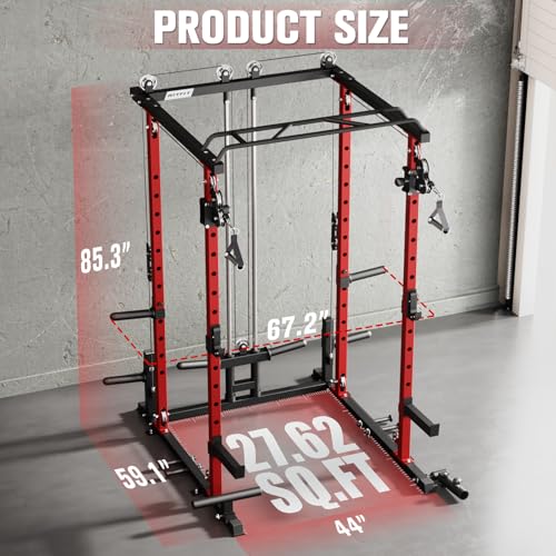 RitFit Multi-Function Garage & Home Gym Package Includes 1200LBS Power Cage PPC03/P3 with Cable Crossover System, Weight Bench, Olympic Barbell Weight Set, Full Body Workout - color: Red, style: Package 2.0K (with FBP 340lbs Plates)