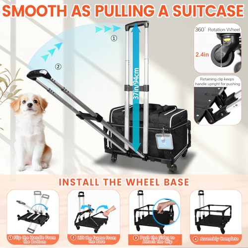 Petskd Small Pet Carrier with Wheels (17" L x 11" W x 9.5" H), Alaska Airlines Approved, Rolling Pet Carrier for Small Dogs & Cats (Black) - color: Black and Wheeled, size: 17.0"L x 11.0"W x 9.5"H