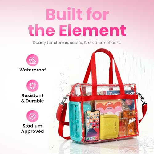 Handy Laundry Clear Bag 12x6x12 Stadium Approved - Transparent Tote Zippered Top & Shoulder Straps for Work, Sports, Concerts - color: Red