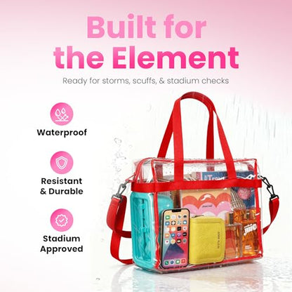 Handy Laundry Clear Bag 12x6x12 Stadium Approved - Transparent Tote Zippered Top & Shoulder Straps for Work, Sports, Concerts - color: Red