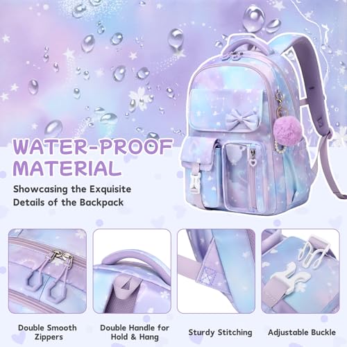 Girls Backpack, School Backpack for Girls, Cute Bow Kids Bookbag for Grils Children Teens for Elementary Middle High School Student, Back To School, Purple Sakura 3pcs - color: Purple Sakura-3pcs