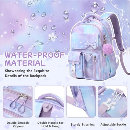 Girls Backpack, School Backpack for Girls, Cute Bow Kids Bookbag for Grils Children Teens for Elementary Middle High School Student, Back To School, Purple Sakura 3pcs - color: Purple Sakura-3pcs