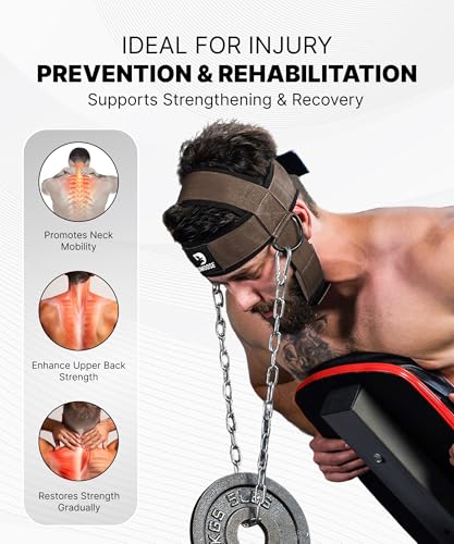 DMoose Fitness Neck Harness for Weight Lifting - Soft Padded Head & Chin Strap with 30" Heavy Duty Steel Chain - Neck Exerciser, Trainer & Strengthener to Support Injury Recovery and Intense Workouts - color: Cocoa Brown