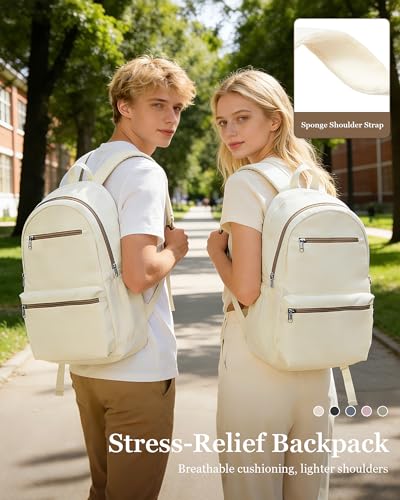 Lightweight School Backpack for Women Men, Multi Pocket Backpack for College Students, Waterproof Middle School Bags, Simple Bookbag for Teens Girls Boys, Beige - color: Beige