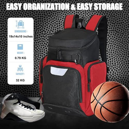 LARIPOP Basketball Backpack with Ball & Ventilated Shoe Compartment Insulated Pockets for Men Training - color: red
