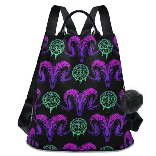 MNSRUU Women Backpack Purse Mystical Ram Skull Backpack for Women Anti-theft Shoulder Bag Carry On Backpack Lightweight Rucksack Fashion Travel Ladies Bags - color: Goth 18
