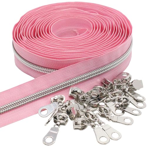 MebuZip #5 Silver Metallic Nylon Coil Zippers by The Yard Bulk Coil Zipper Roll 10 Yards with 25pcs Pulls for DIY Sewing Craft Bags (Pink) - color: Silver Pink