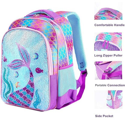 Reversible Sequin School Backpack Lightweight Little Kid Book Bag with Lunch Bag Set for Preschool Kindergarten Elementary(17", Mermaid with Lunch Bag) - size: 17"