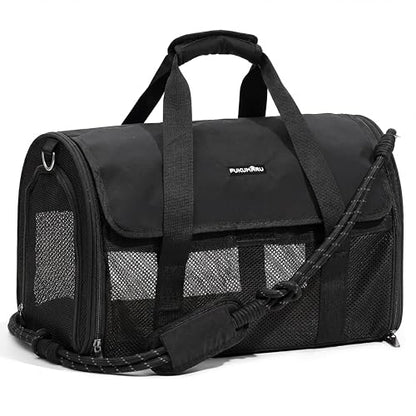 FUKUMARU Cat Carrier, Light & Airy Pet Carrier, 18x11x11 Airline Approved Dog Carrier for Small Dogs, 2-in-1 Shoulder Strap Leash, Collapsible Soft Cat Travel Carrier with Anti-Scratch Mesh, Black - color: Black