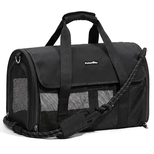 FUKUMARU Cat Carrier, Light & Airy Pet Carrier, 18x11x11 Airline Approved Dog Carrier for Small Dogs, 2-in-1 Shoulder Strap Leash, Collapsible Soft Cat Travel Carrier with Anti-Scratch Mesh, Black - color: Black