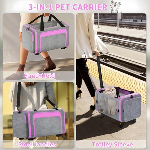 Rolling Pet Carrier with Detachable Wheels - 18x11x11 TSA Airline Approved for Southwest Delta United American, Soft Sided Expandable Travel Bag for Small Dogs & Cats up to 15Lbs, Fits Under Seat - color: Pink