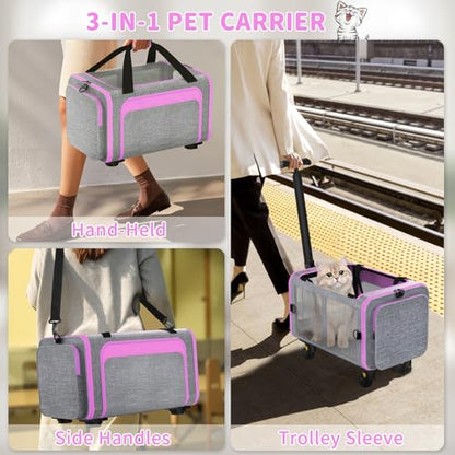 Rolling Pet Carrier with Detachable Wheels - 18x11x11 TSA Airline Approved for Southwest Delta United American, Soft Sided Expandable Travel Bag for Small Dogs & Cats up to 15Lbs, Fits Under Seat - color: Pink