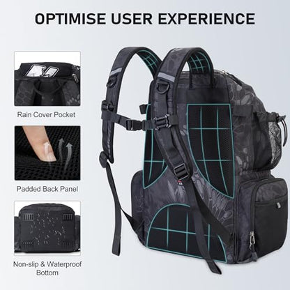 N NEVO RHINO Fishing Tackle Backpack with Rod Holders, 40L Large Fishing Bag with Waterproof Rain Cover,Outdoor Tackle Bag - color: Camouflage Black Pack with 4 Trays, size: Pack with 4 Trays