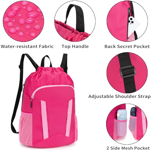 Drawstring Backpack Bag, Sport Gym Sackpack with Shoes Compartment - color: Pink