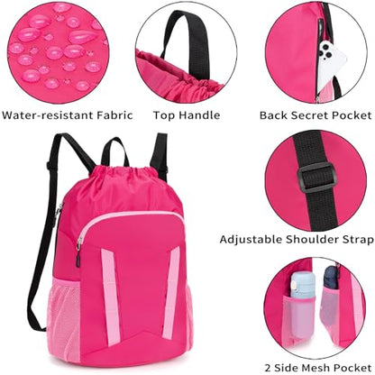 Drawstring Backpack Bag, Sport Gym Sackpack with Shoes Compartment - color: Pink