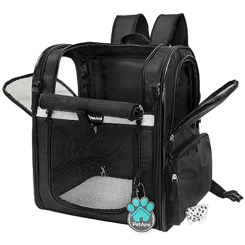 PetAmi Dog Backpack Carrier for Cats and Small Dogs, 4-Way Entry Ventilated Mesh Pet Carrier for Hiking Travel, Foldable Top with Sherpa Bed, Reflective and Poop Bag Dispenser, Up to 18 lbs, Black - color: Black