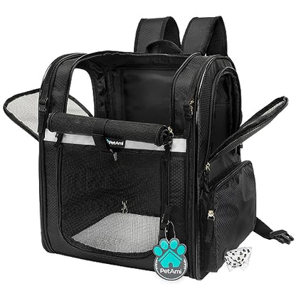 PetAmi Dog Backpack Carrier for Cats and Small Dogs, 4-Way Entry Ventilated Mesh Pet Carrier for Hiking Travel, Foldable Top with Sherpa Bed, Reflective and Poop Bag Dispenser, Up to 18 lbs, Black - color: Black