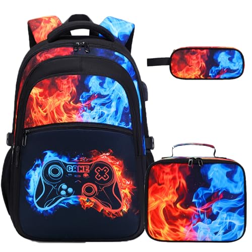 DIGOBAY Boys Backpack for School, 3PCS Cool Luminous Gamer Backpack for Boys with Lunch Box Pencil Case, Kids Backpacks Bookbag for Teen Boy Elementary Middle High School with USB Charging Port - color: Yellowblue-flame