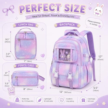 BTOOP Multi-Compartment Kids Backpack for Girls, 3PCS Cute Purple Bow School Backpack with Lunch Bag Pencil Case, Side Pocket Fits 40 oz Tumbler, Girls Bookbag for Elementary Middle School - color: Purple