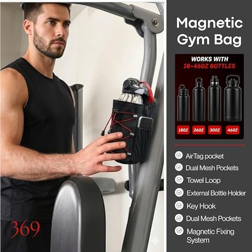 369 Water Bottle Holder with Strap, Magnetic Gym Bag Bottle Carrier Holder with Phone Pockets & Shoulder Strap, Magnetic Water Bottle Holder Gym Accessories, 25oz/40oz/64oz Bottle Pouch Holder