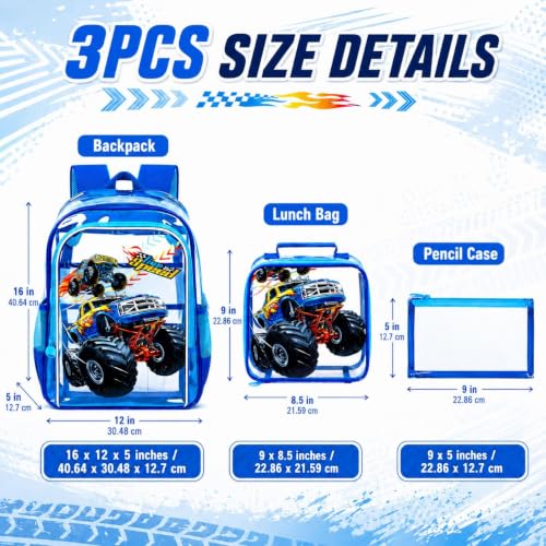KLFVB 3PCS Clear Backpack for Girls and Boys, Kids See Through Backpacks Stadium Approved, Transparent Bookbag for Elementary - color: Kids Clear Backpack - Blue Passion Truck