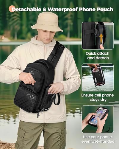 MATEIN Fishing Sling Bag with Lure Rod Holder & Phone Pouch, Waterproof 3600 Tackle Box Backpack with Removable Bait Binder - color: Black
