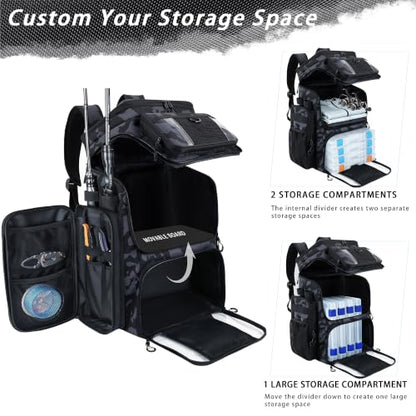 Fishing Backpack with 4 Tackle Boxes, 55L Large Tackle Box Backpack with 4 Rod Holders, Waterproof 900D Tackle Backpacks with Cooler & Clear Gear Windows, Fishing Gifts for Men Women,Camouflage Black - color: Camouflage Black(with 4Boxes)
