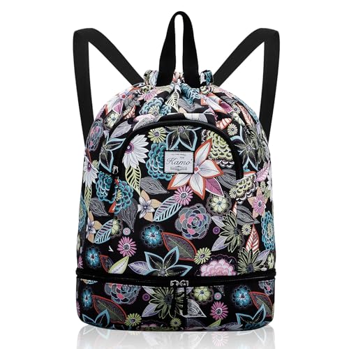 Kamo Drawstring Backpack Bag - Sport Swimming Yoga Backpack with Shoe Compartment, Two Water Bottle Holder for Men Women Large String Backpack Athletic Sackpack for Travel - color: Colorful Flowers
