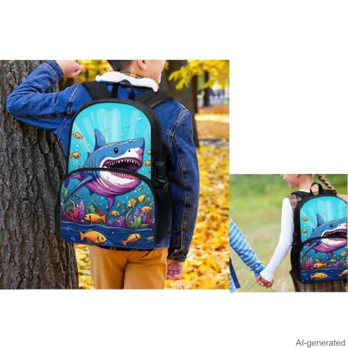 Shark Backpack for Boys Kids Backpack with Lunch Box Water Bottle Holder with Strap and Soft Pencil Case 4Pcs Set 17" Lightweight Bookbag with Large Front Pocket Sturdy Elementary School Bag - color: Cartoon Shark