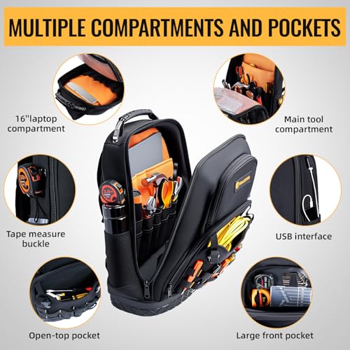 Tool Backpack Heavy Duty, Tool Bag Backpack for Men Waterproof Oxford Fabric with Plastic Base, 19IN Large Capacity with 44 Pockets, Padded Back & Straps for All Worksite Environments