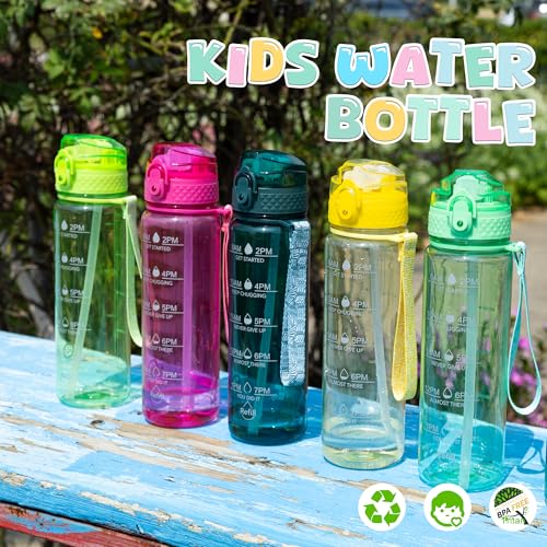 OLDLEY 17oz Kids Water Bottle, Tritan BPA-Free, Leakproof Flip Straw Lid, Motivational Time Marker, Carry Strap, Reusable Clear Water Bottle for Boys & Girls,Eggplant - color: Eggplant, style: 17 Ounces