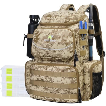 N NEVO RHINO Fishing Tackle Backpack with Rod Holders, 40L Large Fishing Bag with Waterproof Rain Cover,Outdoor Tackle Bag - color: Camouflage Yellow Pack with 4 Trays, size: Pack with 4 Trays