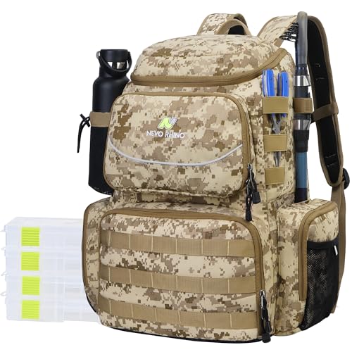N NEVO RHINO Fishing Tackle Backpack with Rod Holders, 40L Large Fishing Bag with Waterproof Rain Cover,Outdoor Tackle Bag - color: Camouflage Yellow Pack with 4 Trays, size: Pack with 4 Trays