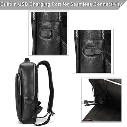 Genuine Leather 15.6 Inch Laptop Backpack for Men, Multi Pocket Slim Daypack Shoulder Bag with Trolley Sleeve for Business Travel (Black) - color: Y80&28y Black