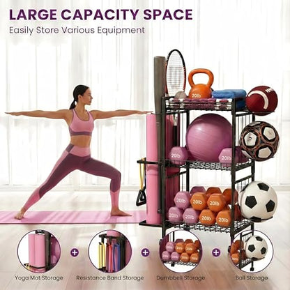 Home Gym Storage Rack 3-Tier Dumbbell Rack with Ball Holder & Side Basket Heavy Duty Vertical Workout Equipment Organizer for Yoga Mats Lockable Wheels