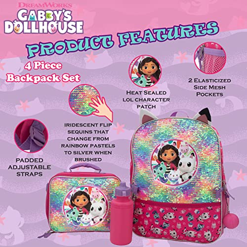 AI ACCESSORY INNOVATIONS Gabby’s Doll House 4 Piece Backpack Set, Flip Sequin 16" School Bag for Girls with Front Zip Pocket, Pink - color: Gabby