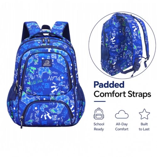 MYGOO Boys School Backpack Doubleday Gamer Blue Bookbag for Elementary Middle School Ages 5-12, 17 inch Large Capacity 24L Kids Student Travel Bags - color: Doubleday Gamer Blue