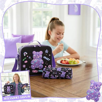 School Backpack for Girls Backpack for Girls with Lunch Box Set Cute Bear Kids Bookbag Elementary Kids Backpack for Girl Lightweight Travel Daypack Back to School - color: Purple Bear