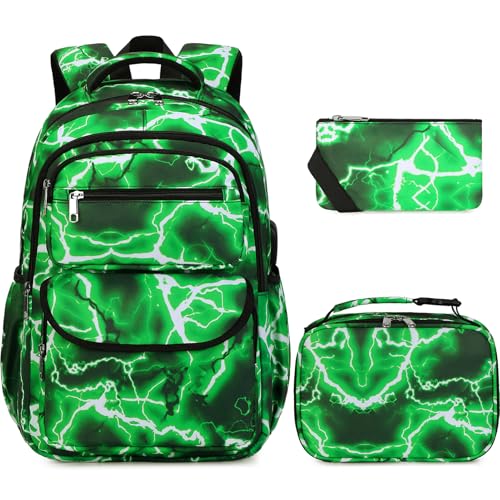 Bevalsa Backpack for Boys, Lightning School Bags with Lunch Bag & Pen Case for Kids, Bookbag for Boys Teens Elementary Middle High School - color: Neon Green