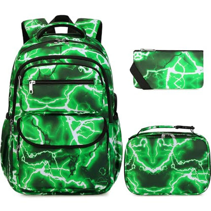 Bevalsa Backpack for Boys, Lightning School Bags with Lunch Bag & Pen Case for Kids, Bookbag for Boys Teens Elementary Middle High School - color: Neon Green