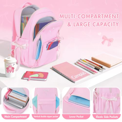 Kids Backpack for Girls - 3PCS Cute Embroidered Bow Girls Backpack with Insulated Lunch Bag & Pencil Case - Bookbag for Teen Women Middle High School College Work Travel Daypack - color: Pink Beige