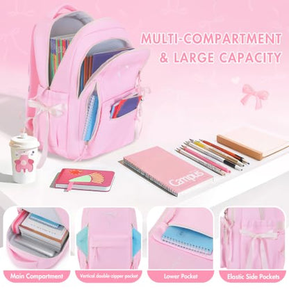 Kids Backpack for Girls - 3PCS Cute Embroidered Bow Girls Backpack with Insulated Lunch Bag & Pencil Case - Bookbag for Teen Women Middle High School College Work Travel Daypack - color: Pink Beige