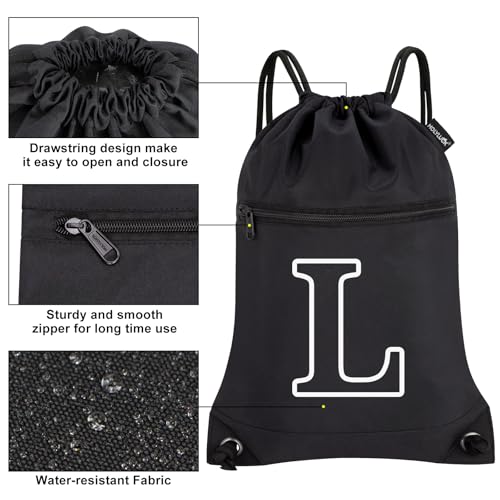 HOLYLUCK Drawstring Bags Initial Backpack Sackpack Cinch Bags for Sports, Gym, Travel, Beach (Black-L) - color: Black-l