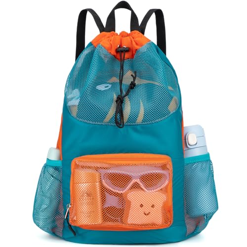 Swim Bag for Kids Mesh Beach Backpack for Boys Lightweight Drawstring Beach Bag Swimming Pool Sports Gym String Bag (Green) - color: Green